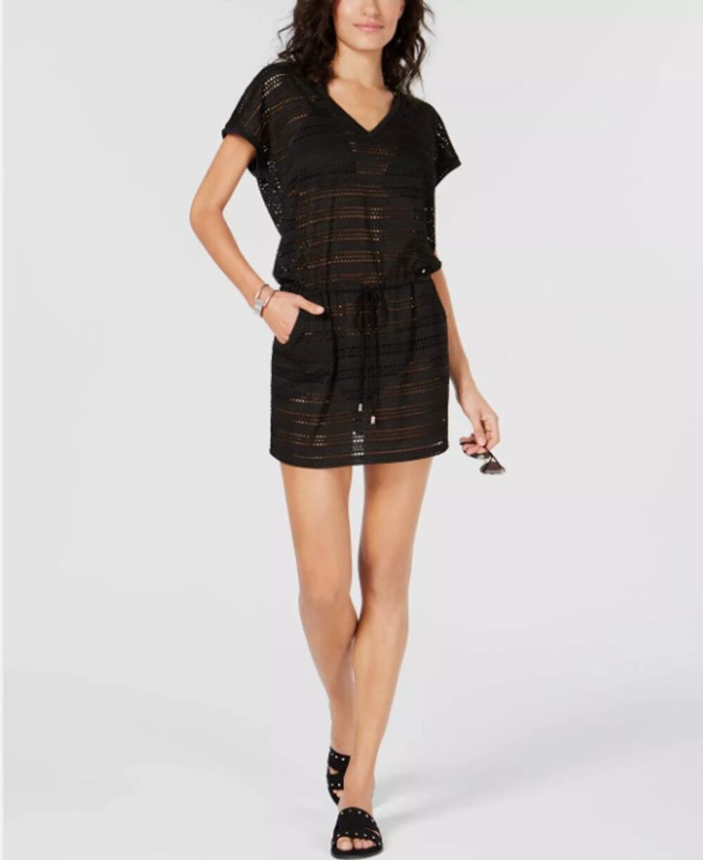 Calvin Klein Swimwear Black Tunic Cover Up Dress Womens Open-Knit Striped V-Neck